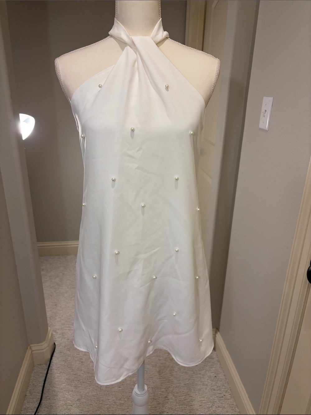 SHEIN Ivory Pearl-Halter Mini Dress